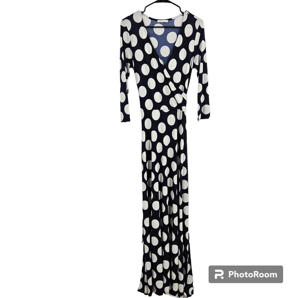 Buru Dress Navy White Polka Maxi Stretch Faux Wrap Tie Waist 3/4 Sleeve Size M